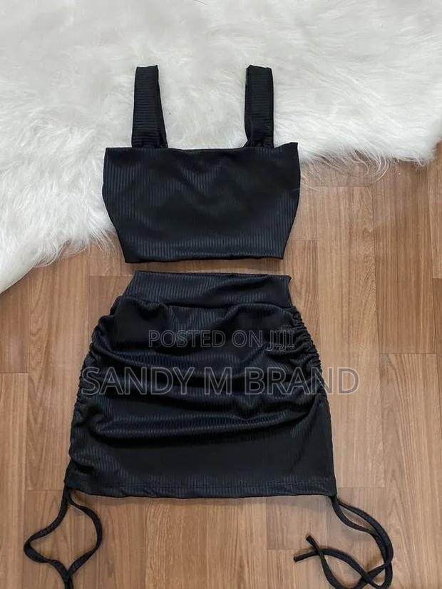 Women's Black Two-Piece Crop Top Ruched Mini Skirt Set