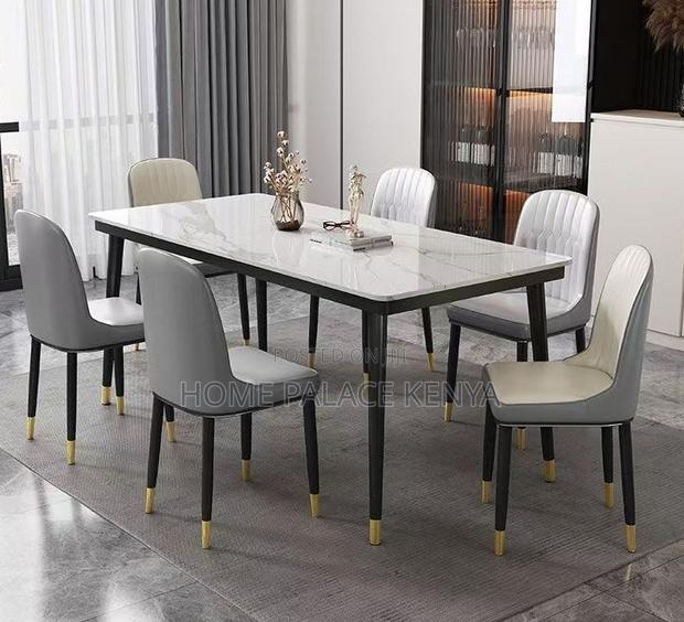 Dining Set: 6 Seater Scratch Resistant Marble Table and Leather Chairs