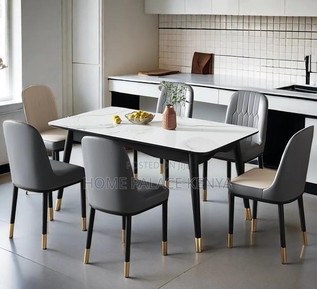 Dining Set: 6 Seater Scratch Resistant Marble Table and Leather Chairs - thumbnail 2