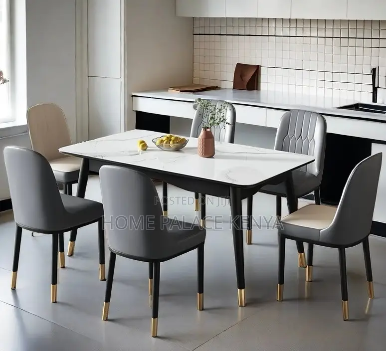 Dining Set: 6 Seater Scratch Resistant Marble Table and Leather Chairs