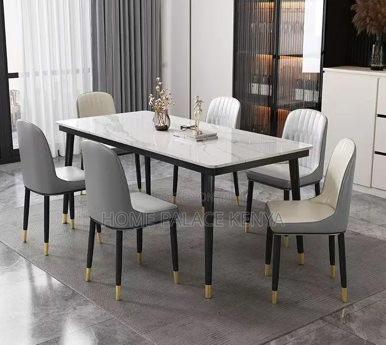 Dining Set: 6 Seater Scratch Resistant Marble Table and Leather Chairs