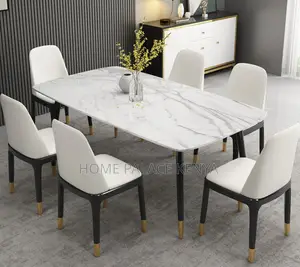 Dining Set: 6 Seater Scratch Resistant Marble Table and Leather Chairs