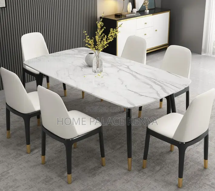 Dining Set: 6 Seater Scratch Resistant Marble Table and Leather Chairs