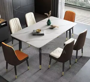 Dining Set: 6 Seater Scratch Resistant Marble Table and Leather Chairs