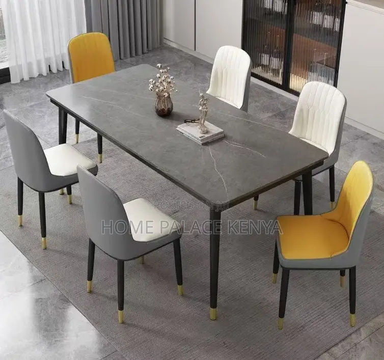 Dining Set: 6 Seater Scratch Resistant Marble Table and Leather Chairs