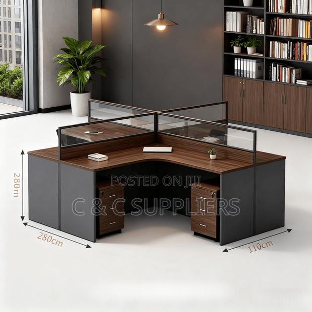4-Way Brown Curved Workstation - thumbnail 4