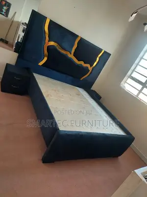 6 by 6 Chester Bed Dark Blue Velvet With Gold Accents