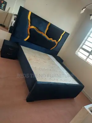 6 by 6 Chester Bed Dark Blue Velvet With Gold Accents