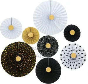 Black and Gold Paper Flower Fan Set: Party Wall Decor (8pcs)