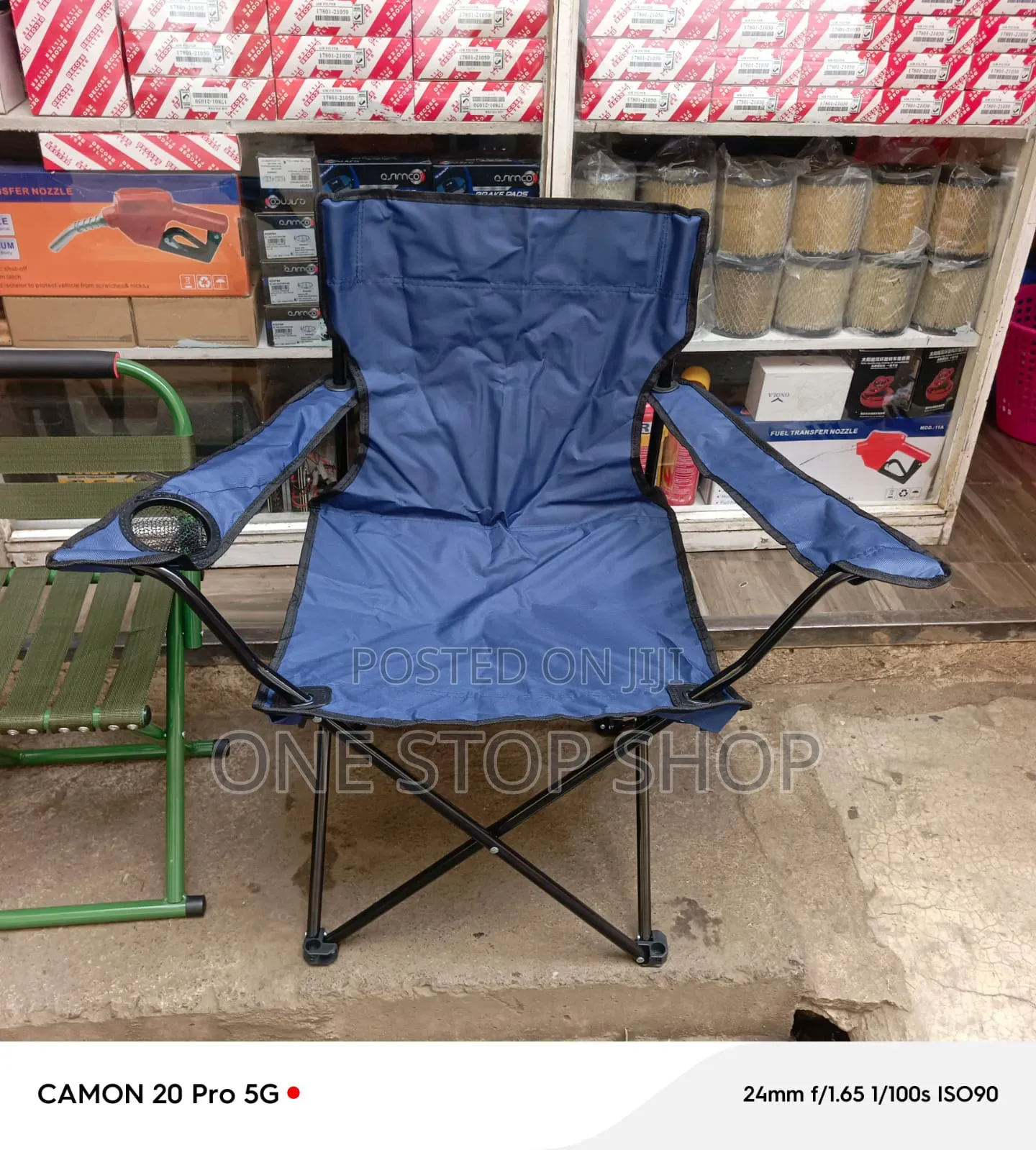 Navy Blue Foldable Amping Chair With Built in Mesh Cup Holder