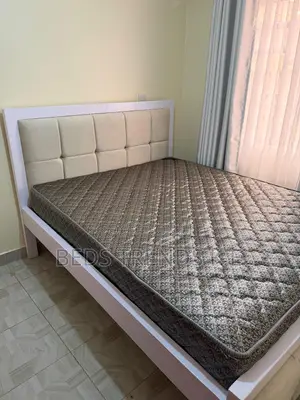 5 by 6 Mocket Bed White Frame With Beige Tufted Headboard