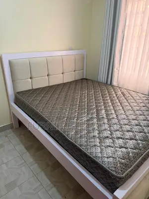 5 by 6 Mocket Bed White Frame With Beige Tufted Headboard