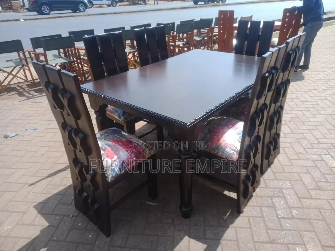 6-Seater Wooden Dining Set With Patterned Cushioned Chairs