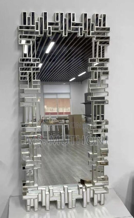 Silver Venetian Floor Mirror Featuring a Handcrafted Geometric Frame