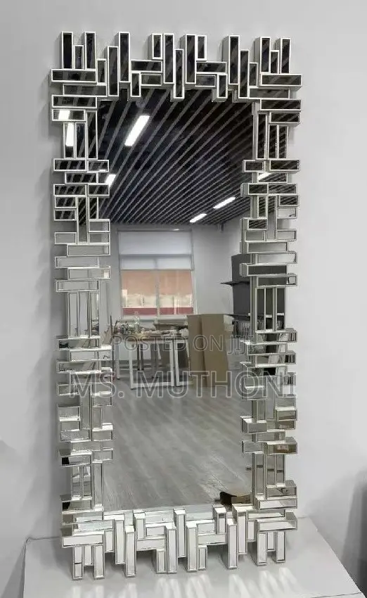 Silver Venetian Floor Mirror Featuring a Handcrafted Geometric Frame