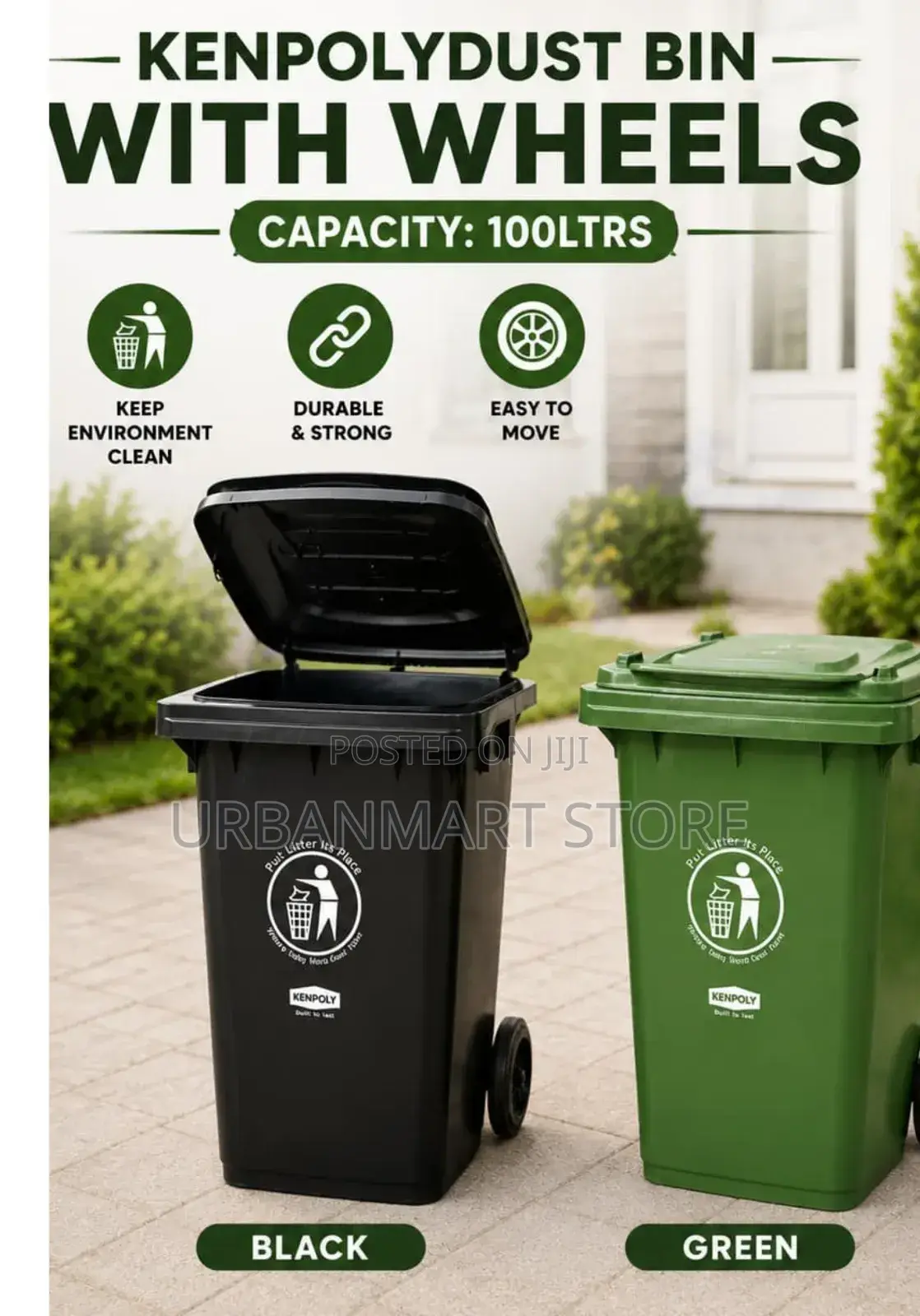 Kenpoly 100 Litres Dust Bin With Wheels – Heavy Duty Waste Bin