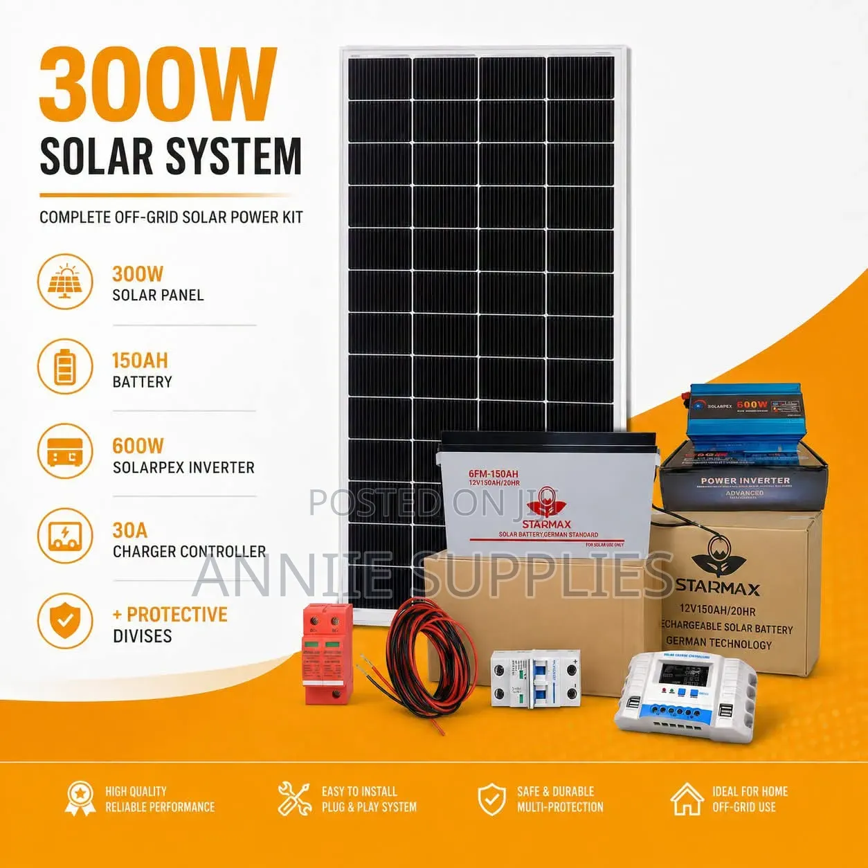 300w Solar Panel+150ah Battery+30amps Charge Controller