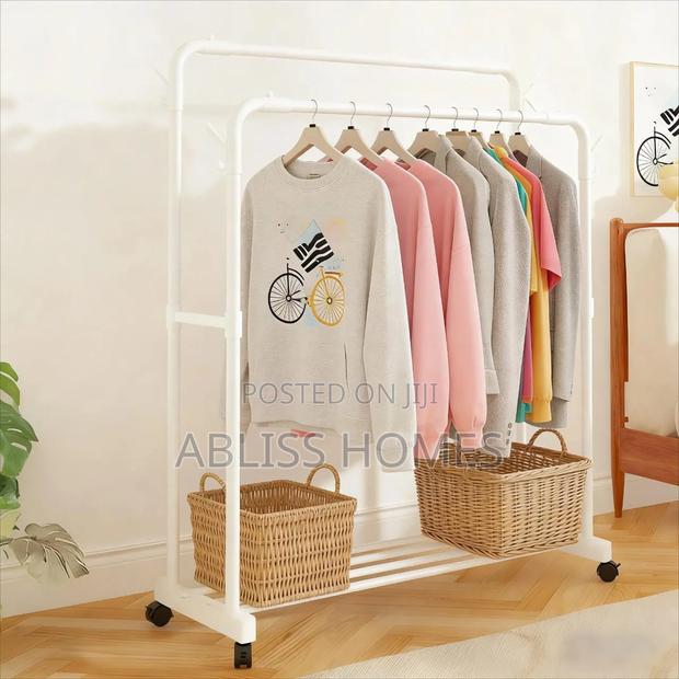 Double Pole Clothing Rack With Wheels Lower Storage