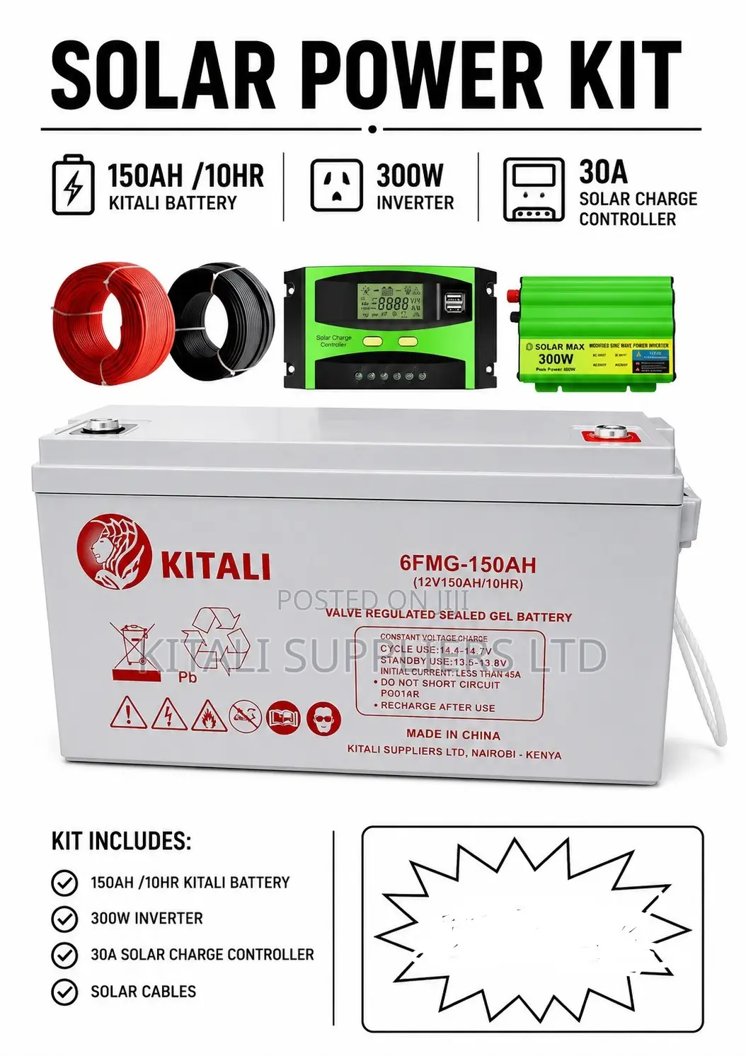 150ah/10hr Solar Power Kit – 300w Inverter + 30a Charge Controller