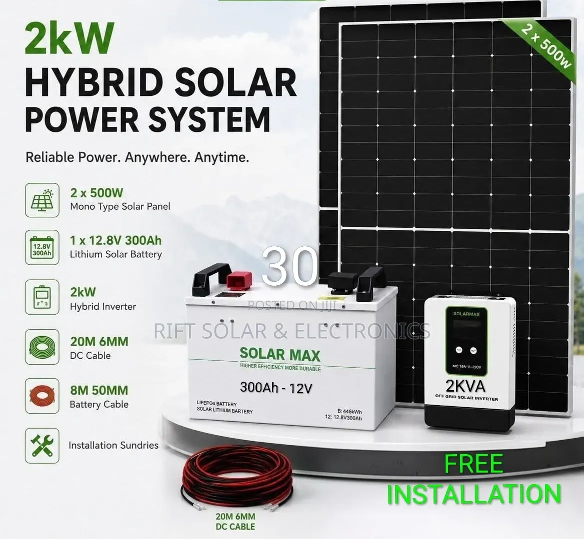 2kw Inverter - 300ah Lithium Battery - (2)500w Solar Free Installation