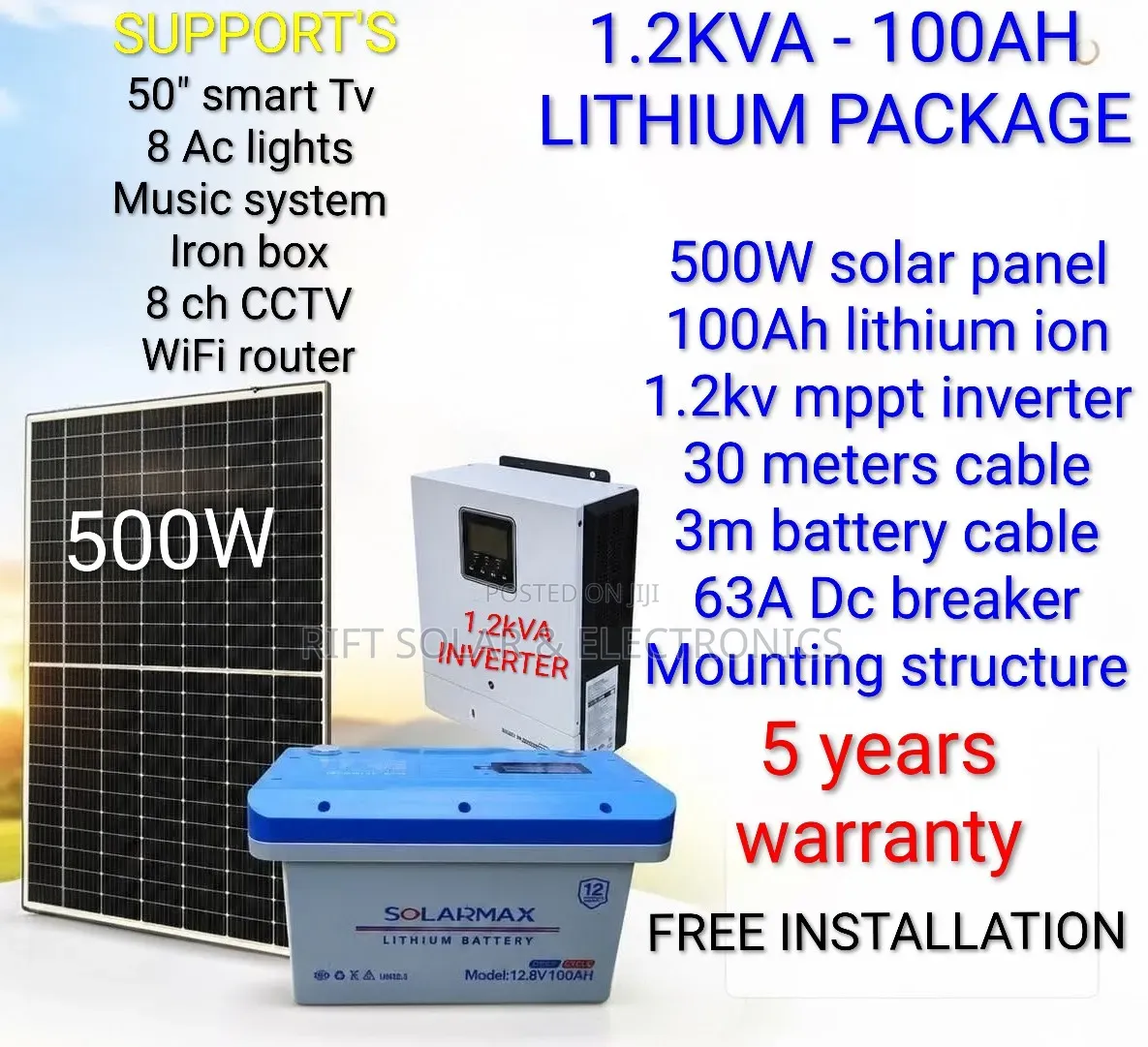 1.2kva MPPT Inverter - 100ah Lithium Battery - 500w Solar Home Kit