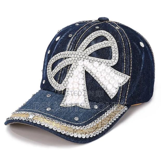 Bow Pearl Diamond Denim Baseball Cap,_st - thumbnail 2