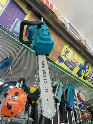 16-Inch Cordless Electric Chainsaw With a Teal-Colored Housing.
