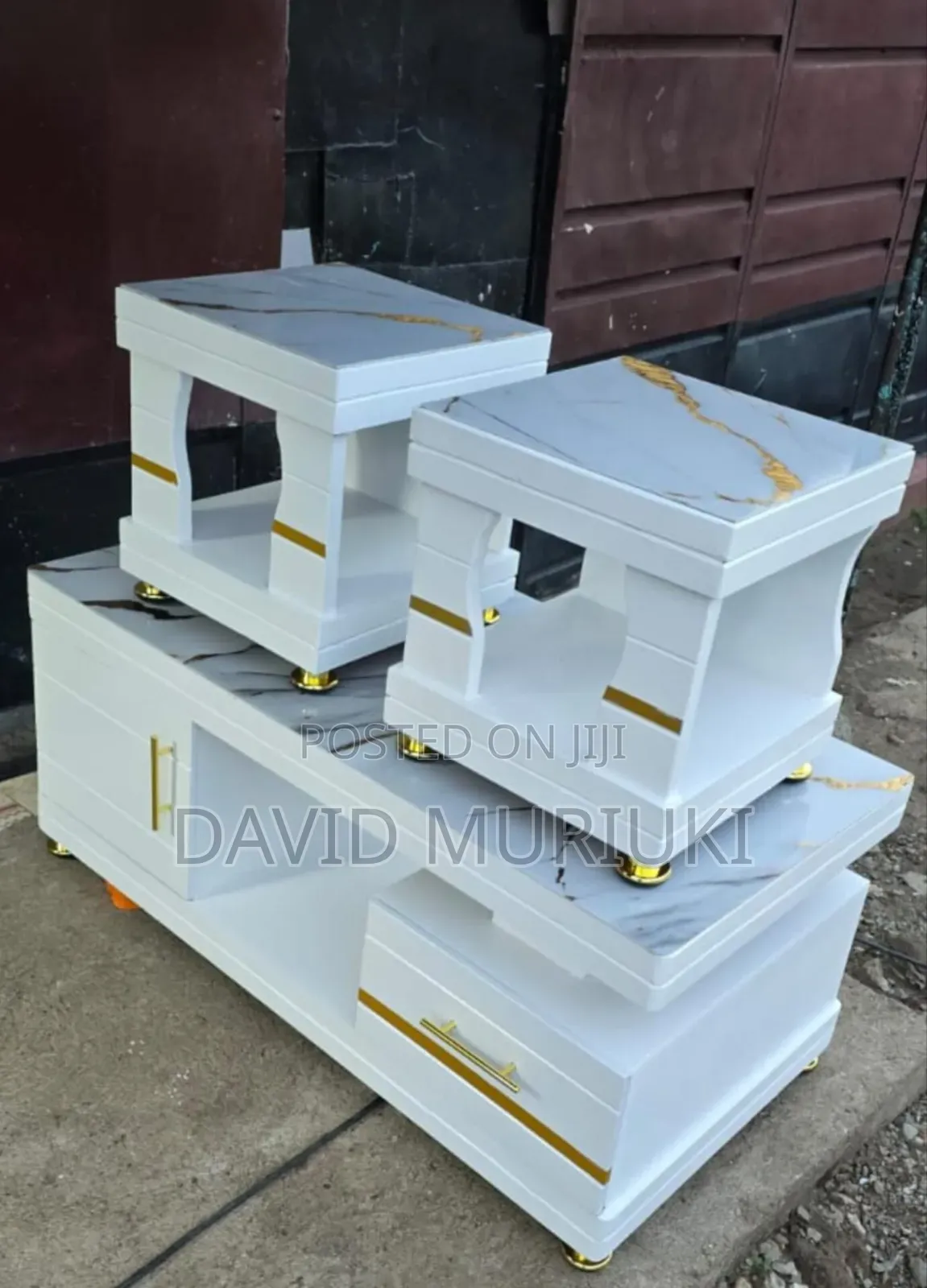 Coffee Table With Glass,Marble Topping With 2 Stools.