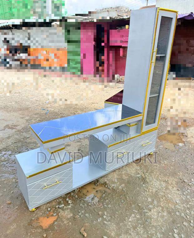 Executive Extended Tv Stand With Marble Coating and Shelf Cabinet