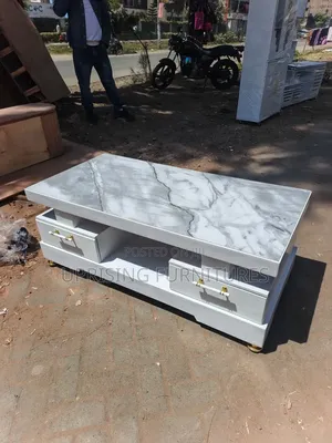 Coffee Table White Double Drawers Marble Top Gray