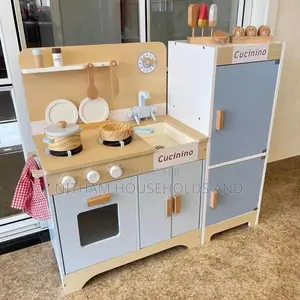 Nordic European Simple Baby Blue Wooden Kitchen Fridge Play Set