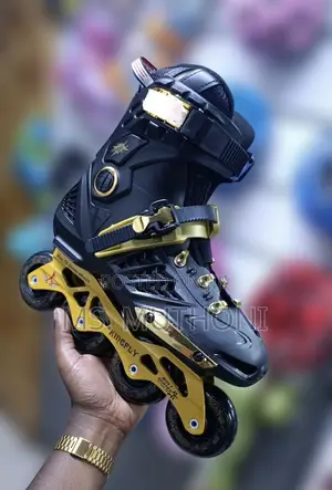 Kingfly Adult Inline Skates Featuring a Sleek Black and Gold Design