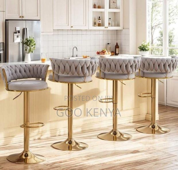Kitchen High Chair; Gold Metal Bar Stool With Velvet Upholstery - thumbnail 5