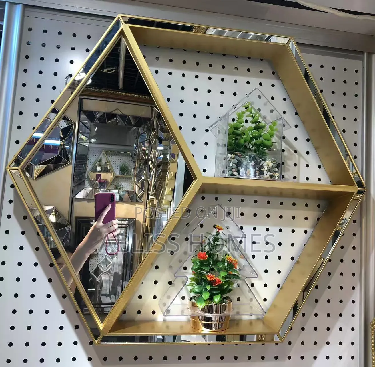 Luxury Gold Hexagon Wall Mirror With Display Shelves