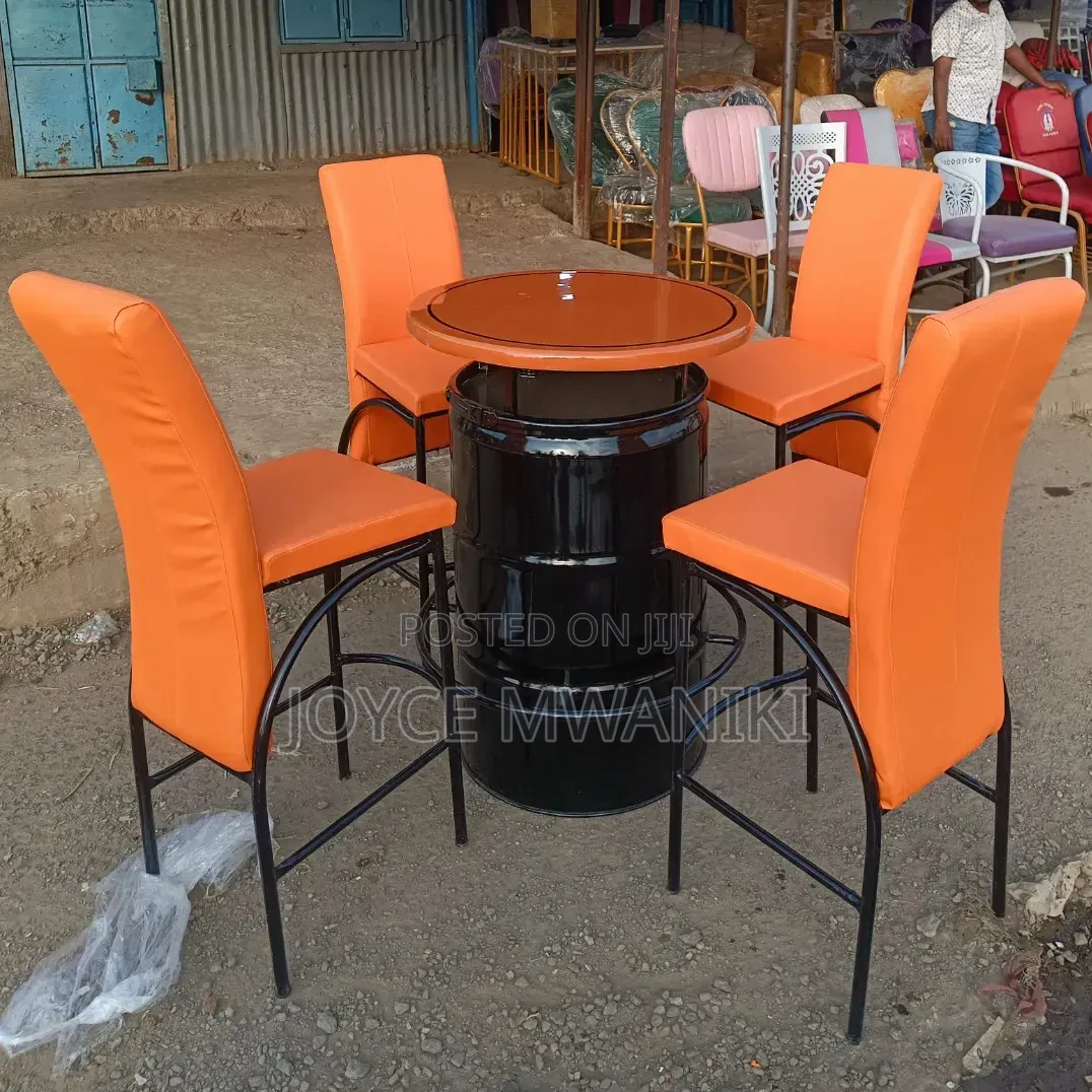 Executive Bar Set With Orange Chairs and Drum Table 