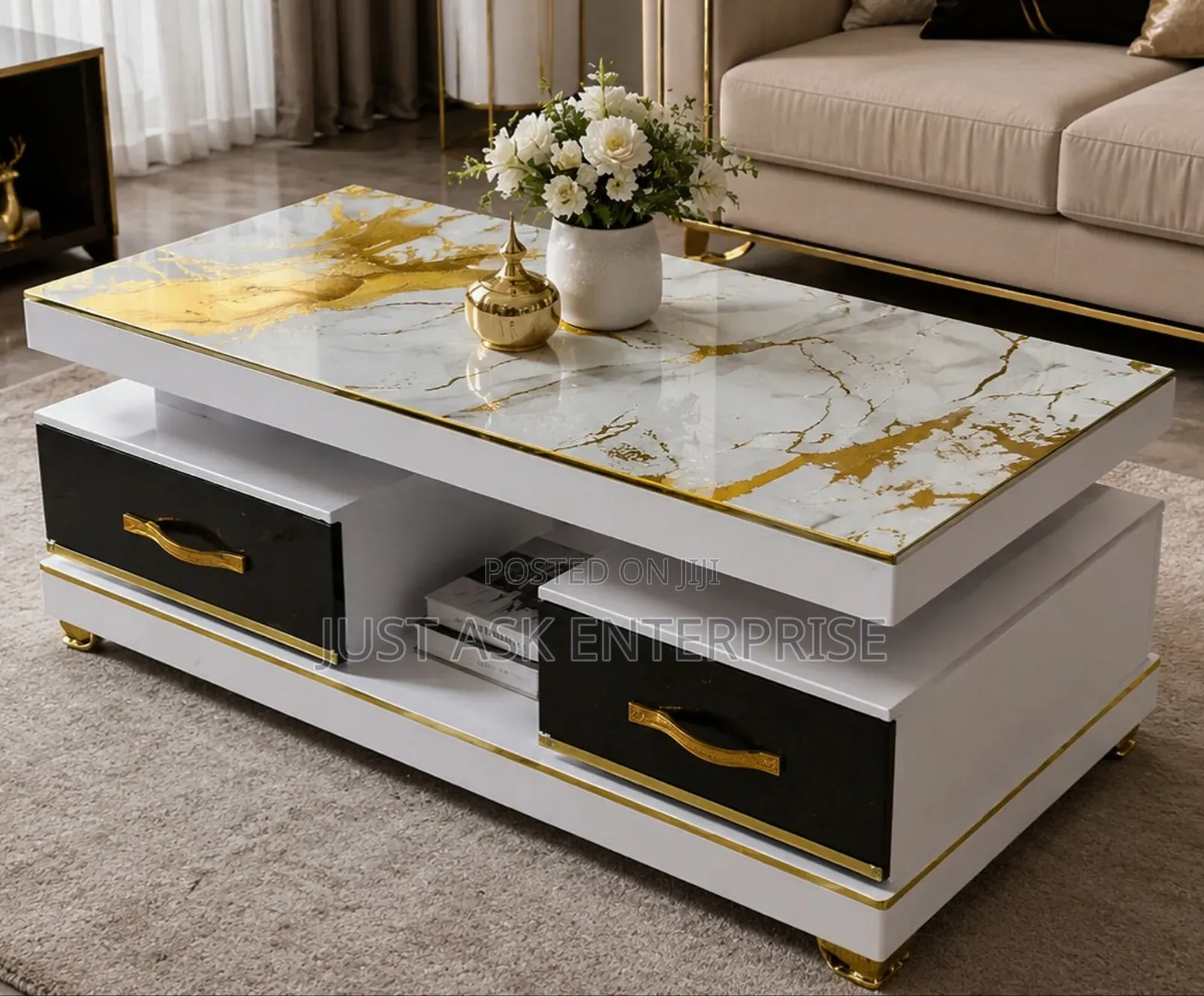 Rectangular Design Centre Coffee Table With Storage - Marble Top