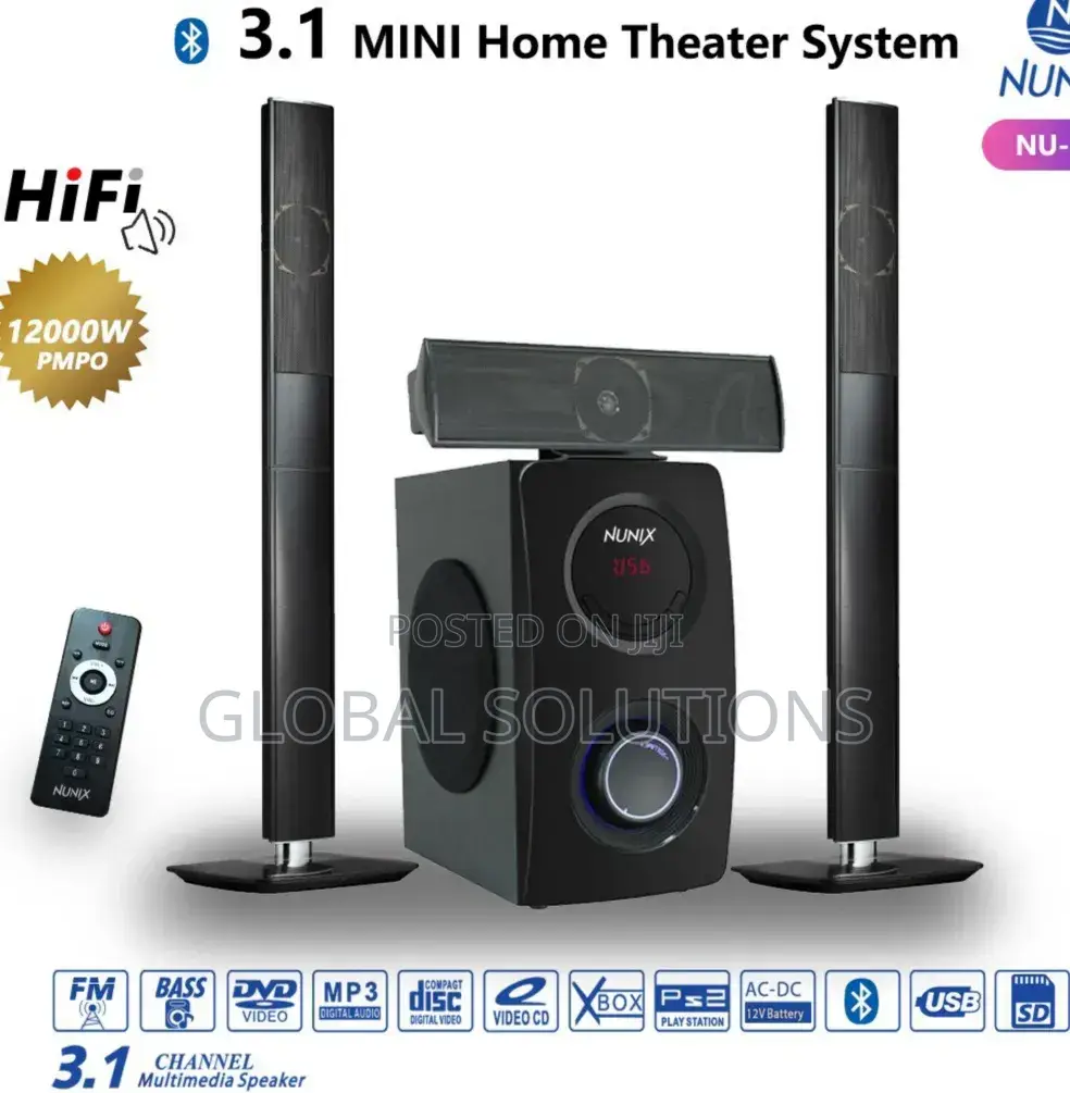 Mini Home Theater System With a Black Subwoofer and a Center Speaker