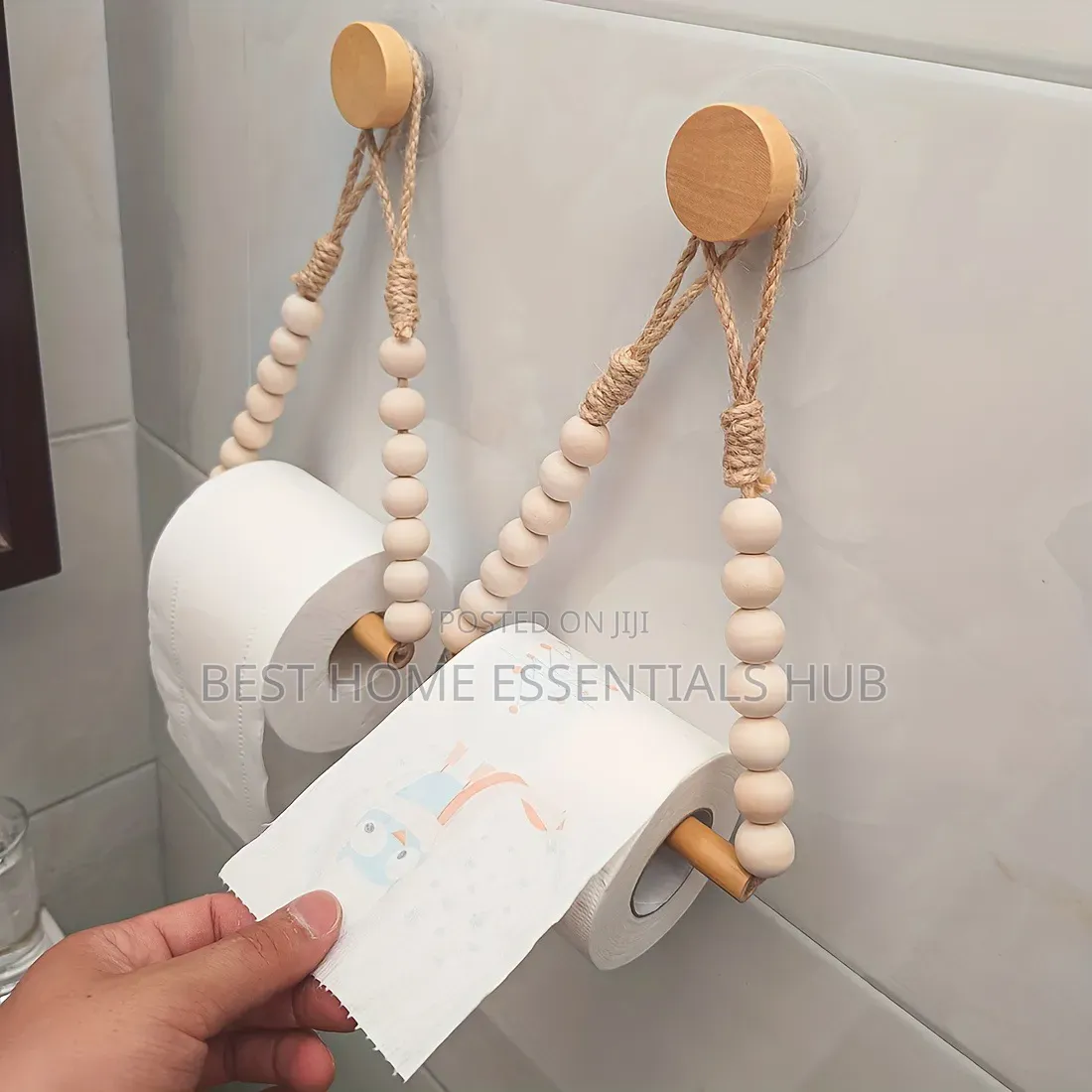 *Boho-Style Toilet Paper Holder Rustic Wooden Bead Design