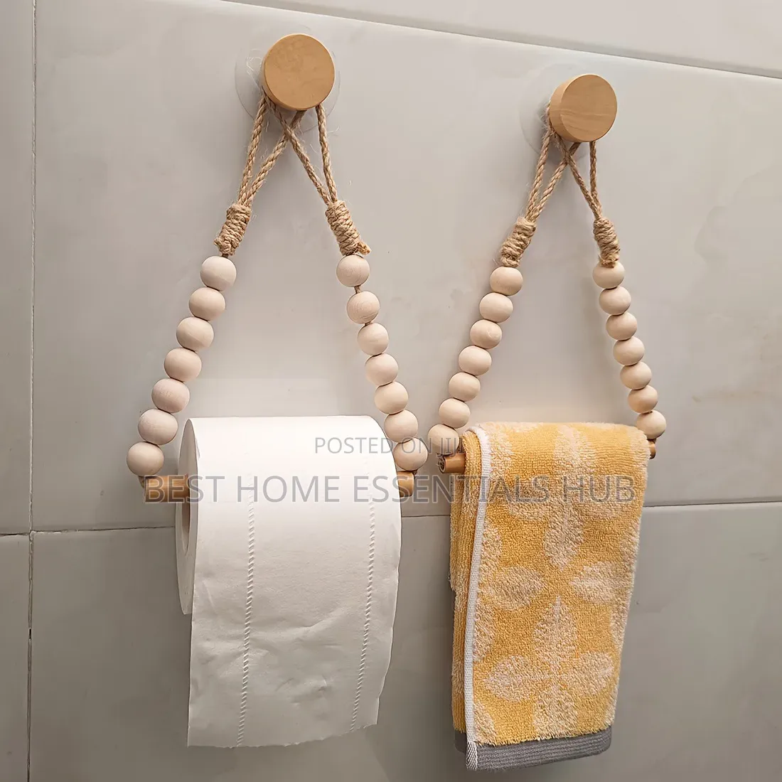 *Boho-Style Toilet Paper Holder Rustic Wooden Bead Design