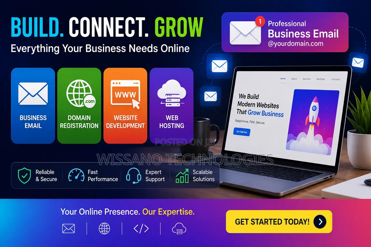 Business Email, Domain Registration, Website Design & Web Hosting