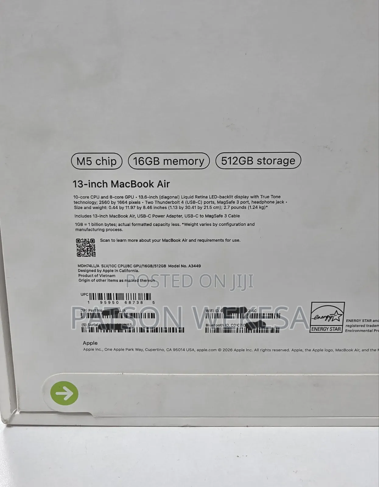 New Laptop Apple MacBook Air 2026 M5 16GB Apple M5 SSD 512GB