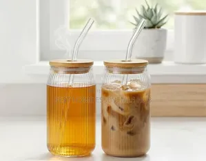 500ml Ribbed Borosilicate Glass Cup With Bamboo Lid