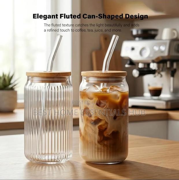 500ml Ribbed Borosilicate Glass Cup With Bamboo Lid - thumbnail 2