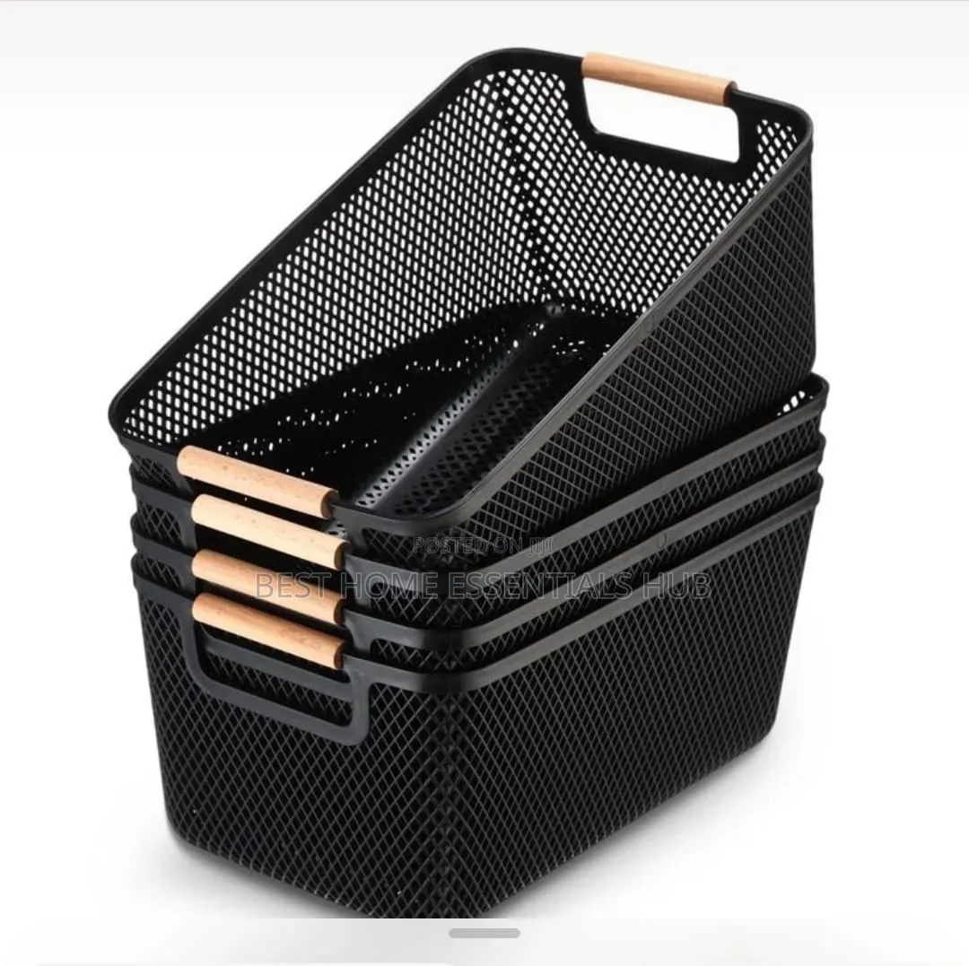 *Large Size Hard Plastic Storage Basket With Wooden Handles* *Each