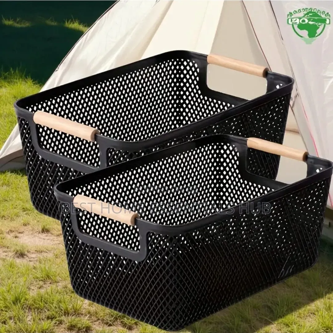 *Large Size Hard Plastic Storage Basket With Wooden Handles* *Each