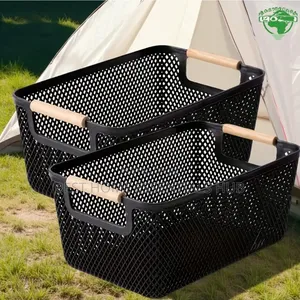 *Large Size Hard Plastic Storage Basket With Wooden Handles* *Each