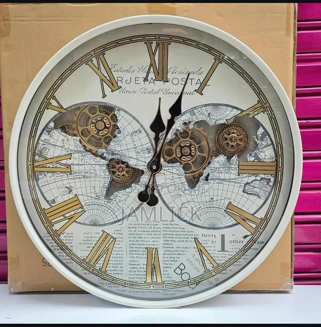 White World Map Vintage Gear Wall Clock –Gh