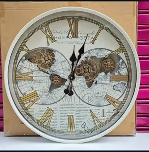 White World Map Vintage Gear Wall Clock –Gh