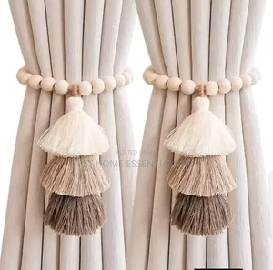 Magnetic 2pc Curtain Tie Backs With Wooden Beads and Tassel