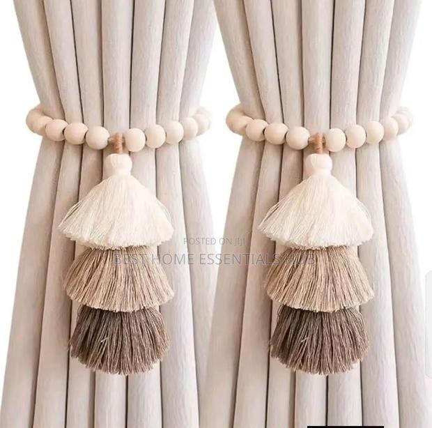 Magnetic 2pc Curtain Tie Backs With Wooden Beads and Tassel